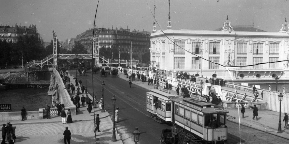 1920s European street scene showing electric tramcar